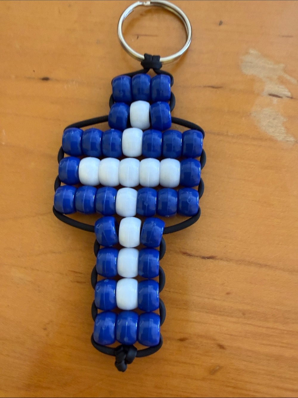 Handmade Blue & White Beaded Cross Keychain
